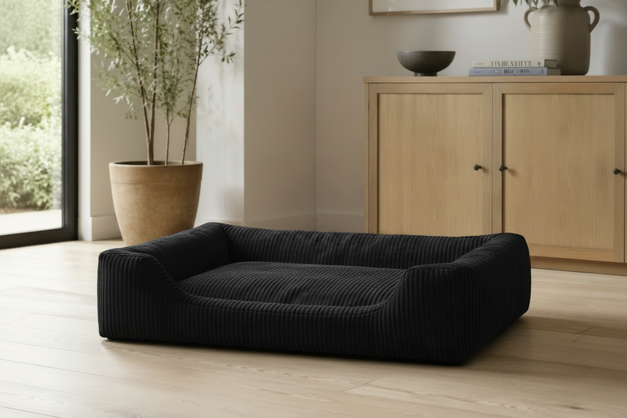 Black Ribbed Dog Bed - Lifestyle