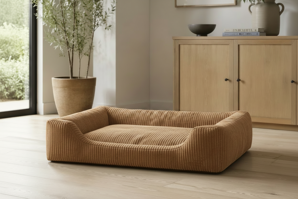 Light Brown Ribbed Dog Bed - Lifestyle
