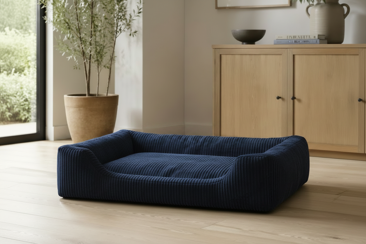 Navy Blue Ribbed Dog Bed - Lifestyle